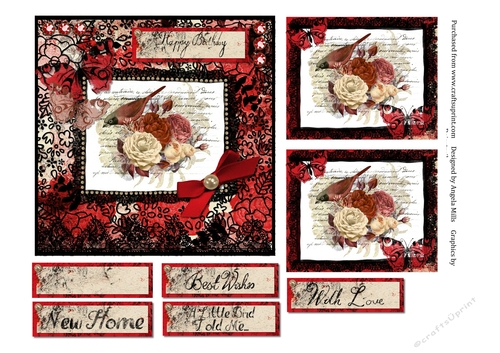 6 x 6 Card Front Floral Vintage Bird with Toppers, Red/Cream/Black