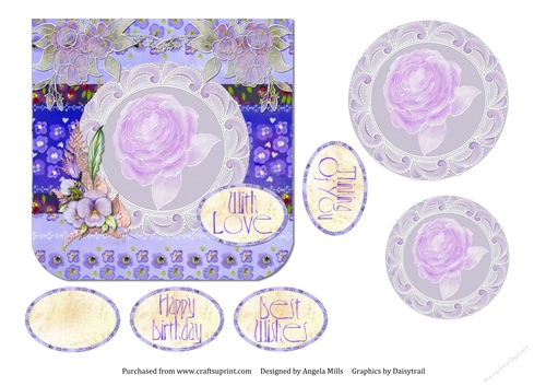 6 x 6 Card Front Parchment Lace Floral Lilac with Toppers and Sentiments