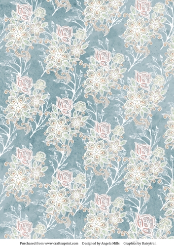 A4 Paper Parchment Whitework Flowers on Grey Blue Background