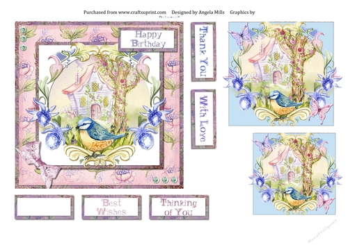 6 x 6 Card Front Blue/Yellow Woodland Bird with Floral Frame