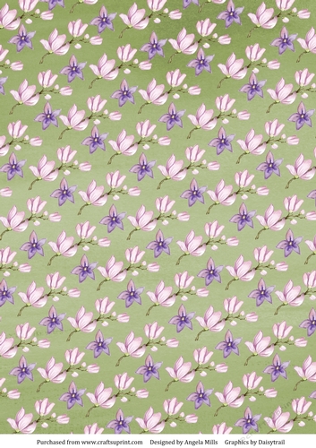 A4 Paper Pink and Violet Blossoms on Green Background
