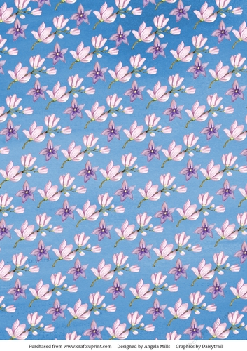 A4 Paper Pink and Violet Blossoms on Cornflower Blue Background