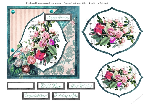 6 x 6 Card Front Rose Ephemera with Toppers and Sentiments, Peach/Teal