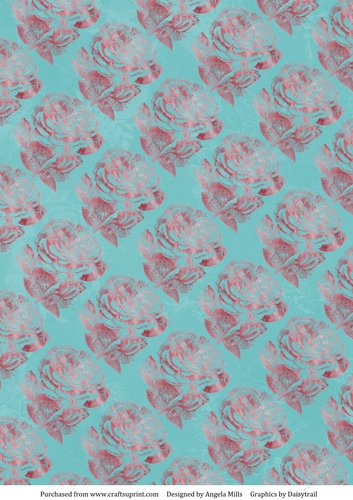 A4 Paper, Stamped Pink Roses on Teal Background