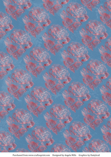 A4 Paper, Stamped Pink Roses on Slate Blue Background