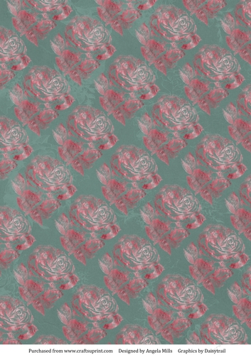 A4 Paper, Stamped Pink Roses on Sage Green Background