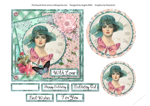 6 x 6 Card Front Shabby Chic Lady in Sunhat with Toppers and Sentiments, Aqua/Pink 