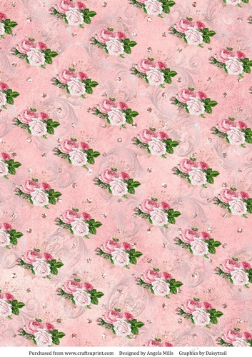 A4 Paper Shabby Chic Pink and White Roses and Swirls on a Pink Background