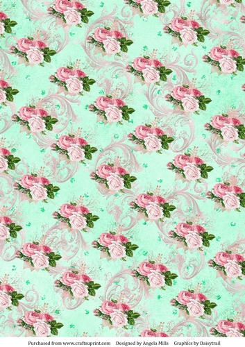A4 Paper Shabby Chic Pink and White Roses and Swirls on Aqua Background