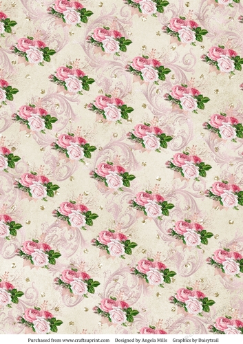 A4 Paper Shabby Chic Pink and White Roses and Swirls on Ivory Background