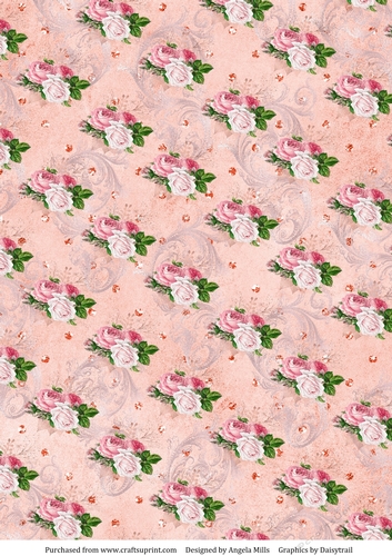 A4 Paper Shabby Chic Pink and White Roses and Swirls on a Peach Background