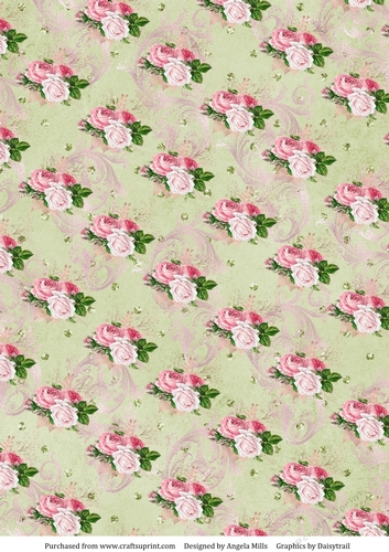 A4 Paper Shabby Chic Pink and White Roses and Swirls on a Green Background