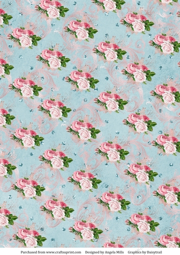 A4 Paper Shabby Chic Pink and White Roses and Swirls on a Sky Blue Background