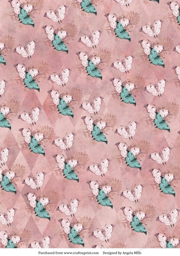 A4 Paper. Shabby Chic Pink and Blue Butterflies on Dusky Rose Background