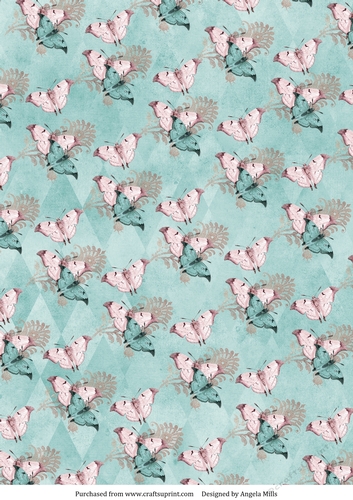 A4 Paper. Shabby Chic Pink and Blue Butterflies on Aqua Background