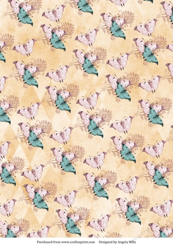 A4 Paper. Shabby Chic Pink and Blue Butterflies on Yellow Ochre Background