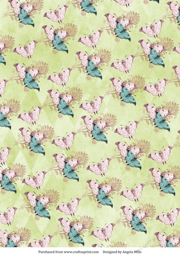 A4 Paper. Shabby Chic Pink and Blue Butterflies on Light Green Background