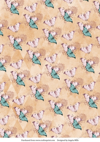 A4 Paper. Shabby Chic Pink and Blue Butterflies on Peach Background