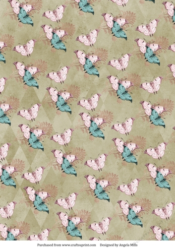 A4 Paper. Shabby Chic Pink and Blue Butterflies on Light Brown Background