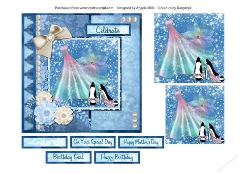 6 x 6 Rainbow Dress and Shoes Card Front with Toppers and Sentiments, Blue