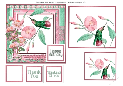 6 x 6 Card Front Pink/Mint Hummingbird with Toppers and Sentiments