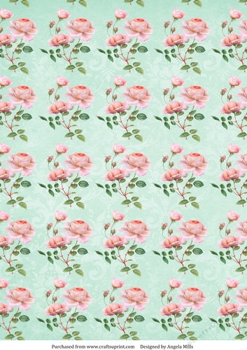 A4 Paper, Shabby Chic Pink Roses on Aqua Background.