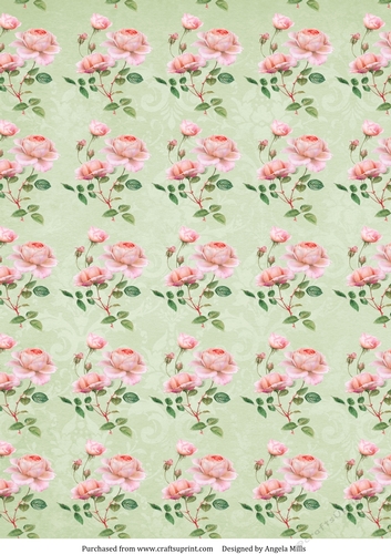 A4 Paper, Shabby Chic Pink Roses on Light Green Background.