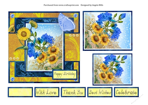 6 x 6 Card Front Sunflowers and Butterflies Yellow/Blue with Toppers and Sentiments