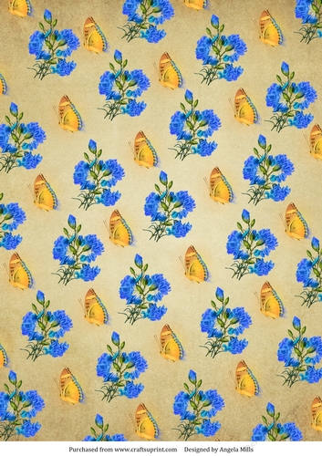 A4 Paper Blue Flowers and Yellow Butterflies on Old Paper Background.