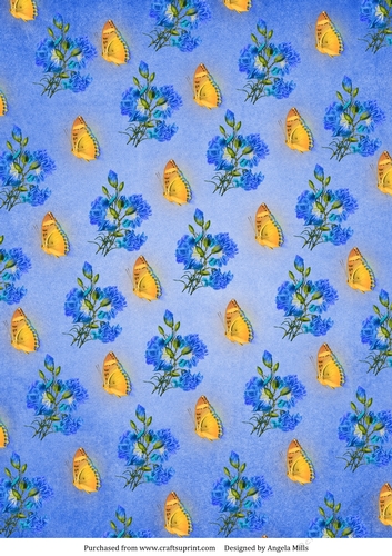 A4 Paper Blue Flowers and Yellow Butterflies on Cobalt Blue Background.