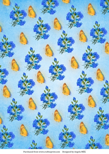 A4 Paper Blue Flowers and Yellow Butterflies on Cerulean Blue Background.