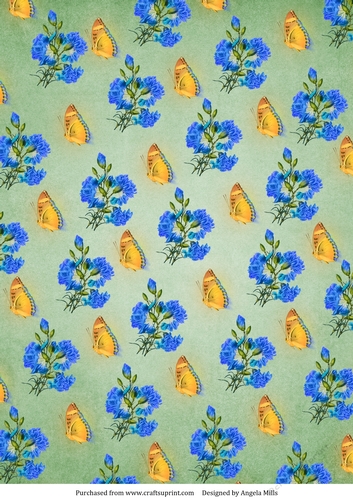A4 Paper Blue Flowers and Yellow Butterflies on Green Background.