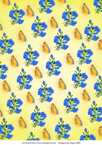A4 Paper Blue Flowers and Yellow Butterflies on Primrose Background.