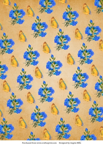 A4 Paper Blue Flowers and Yellow Butterflies on Old Gold Background.