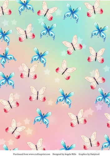 A4 Paper Blue and Pink Butterflies on Rainbow Background