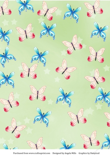 A4 Paper Blue and Pink Butterflies on Light Green Background