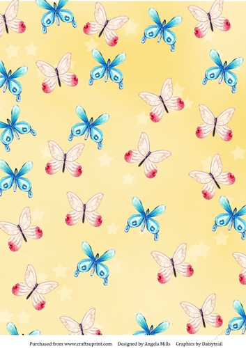 A4 Paper Blue and Pink Butterflies on Light Yellow Background
