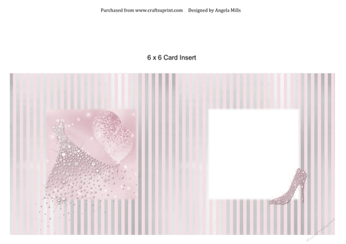 6 x 6 Card Insert Pink Diamante Dress, Balloons and Shoe on Pink and Grey Background