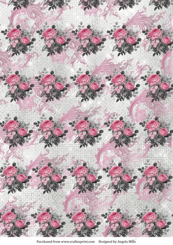 A4 Paper Shabby Chic Pink and Grey Roses on Pale Grey/Pink Background