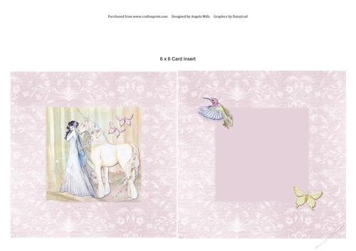6 x 6 Card Insert Fairy Queen and Unicorn, Pink Background