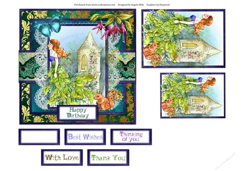 6 x 6 Card Front Forest Fairy & Squirrel with Toppers and Sentiments