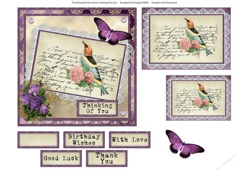 6 x 6 Card Floral Vintage Bird wih Lace Frame, Lavender/Ivory with Toppers and Sentiments