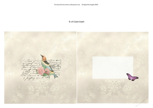 6 x 6 Card Insert Floral Vintage Bird on Ivory Background
