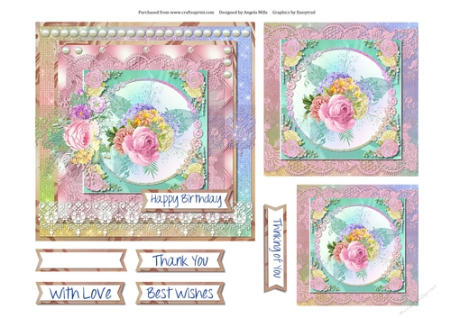 6 x 6 Card Front Spring Floral with Toppers and Sentiments, Pastel Pink/Aqua