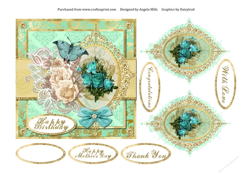 6 x 6 Card Front Teal Rose Bouquet with Toppers and Sentiments, Mint/Gold