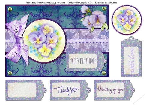 A5 Pansies Card Front with Topper and Tags, Violet/Teal