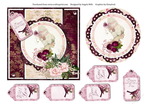 6 x 6 Burgundy/Pink Elegant Updo Lady Card Front with Topper and Tags