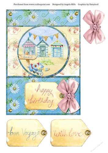 A5 Summer Seaside Card with Decoupage Bow and Sentiment Tags, Blue/Yellow