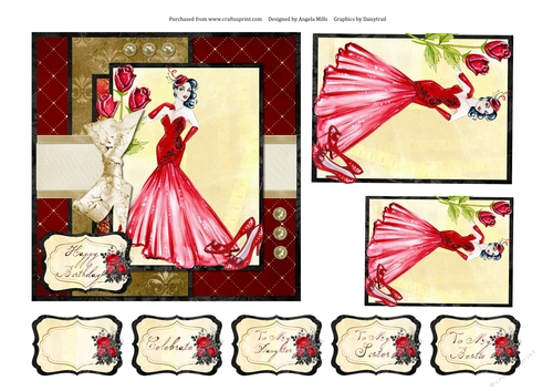 6 x 6 Card Front Red Dress Starlet with Toppers and Sentiments, Red/Gold