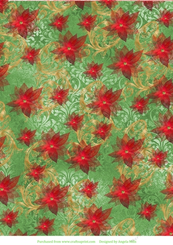 A4 Paper, Poinsettias and Swirls on Green Background